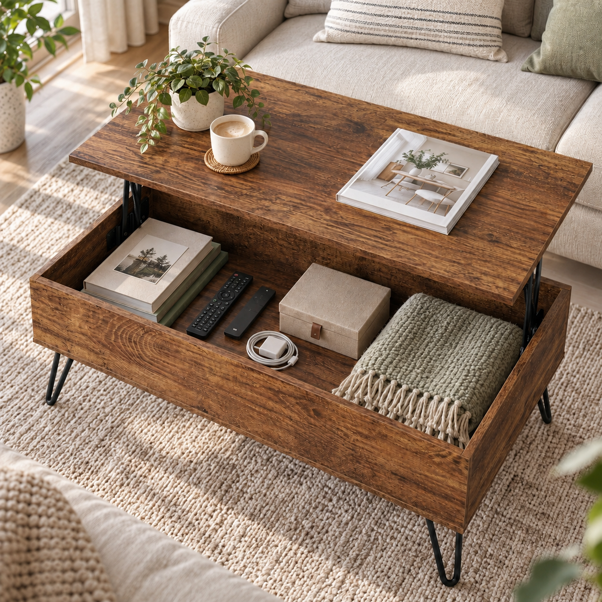 Vue plongeante du compartiment de Norrvik ouvert avec livres et accessoires rangés