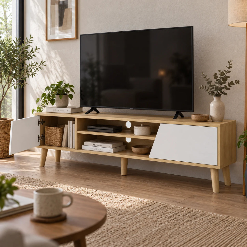 Meuble TV Eira avec porte gauche ouverte dans un salon