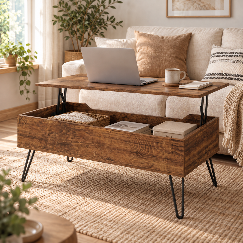Table basse Norrvik avec plateau relevé utilisé comme bureau d'appoint au salon