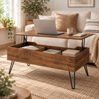 Table basse Norrvik avec plateau relevé utilisé comme bureau d'appoint au salon