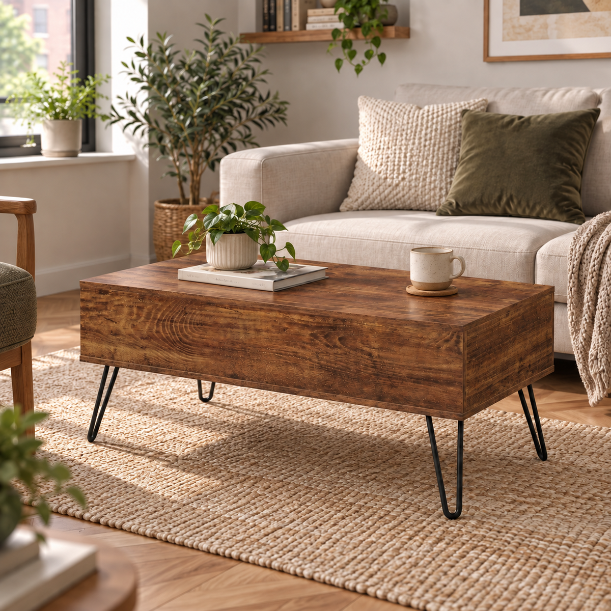 Table basse Norrvik fermée dans un salon moderne aux tons naturels
