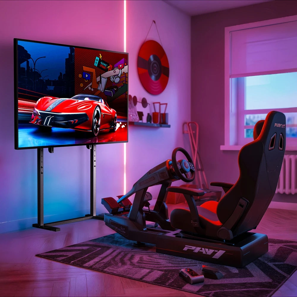 Support TV sur pied noir dans un espace gaming avec siège de simulation