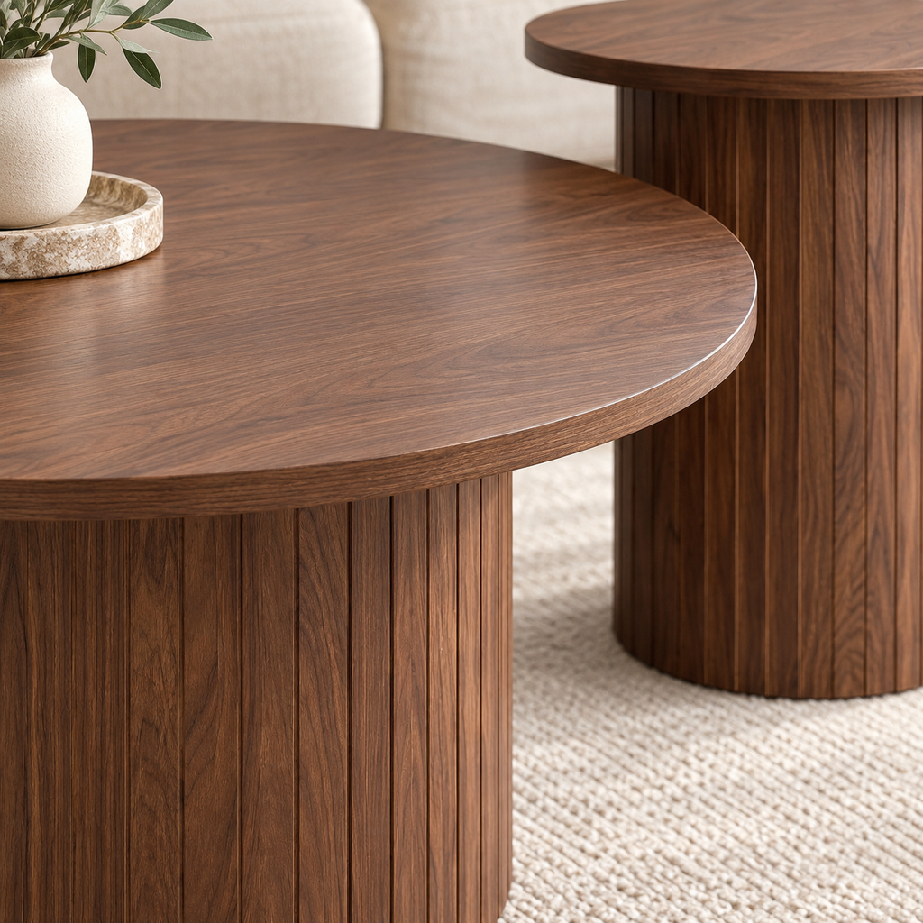 Détail des plateaux ronds et des piètements cannelés des tables Lumo bois foncé