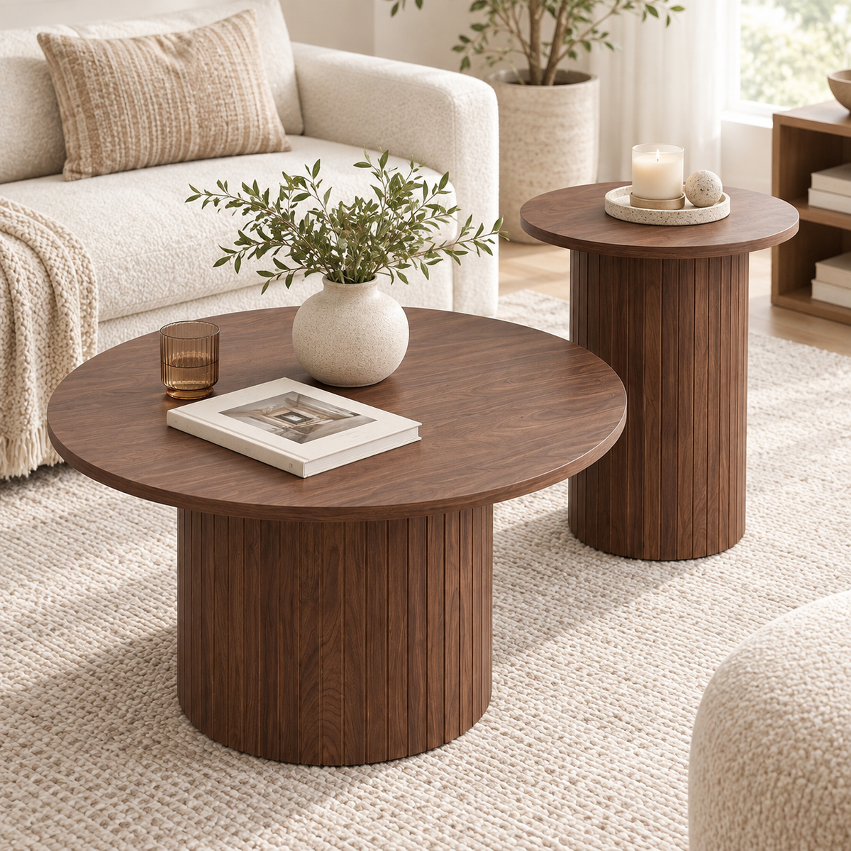Deux tables rondes Lumo bois foncé décorées dans un salon clair