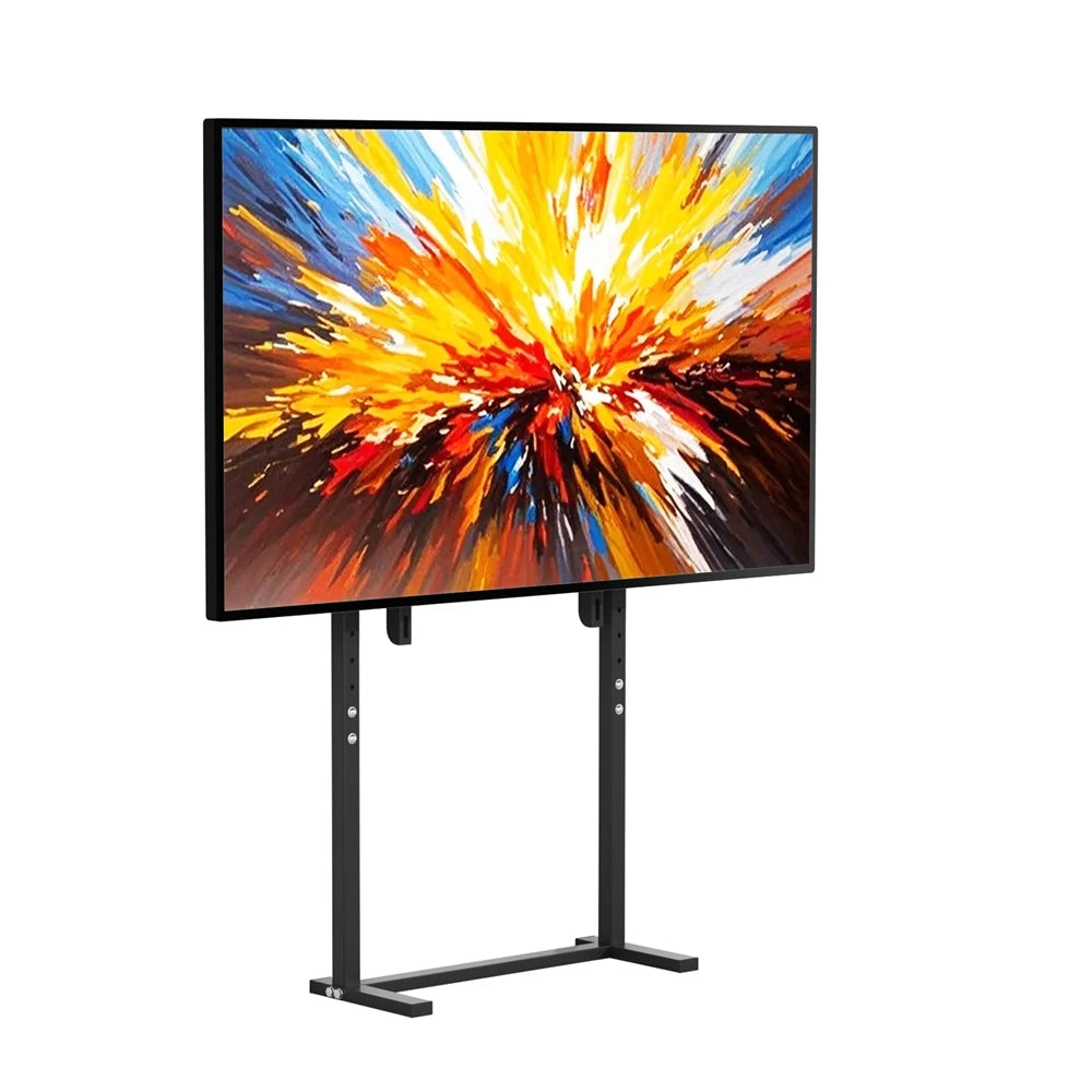 Support TV sur pied noir avec écran, vue de face sur fond blanc