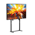 Support TV sur pied noir avec écran, vue de face sur fond blanc