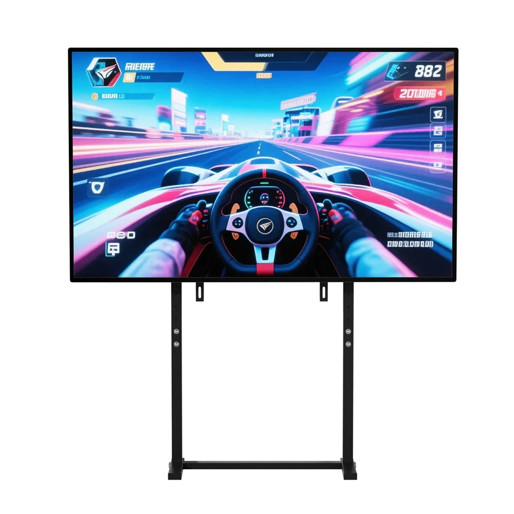 Support TV sur pied noir avec écran gaming sur fond blanc