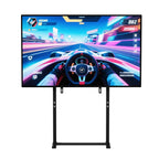 Support TV sur pied noir avec écran gaming sur fond blanc