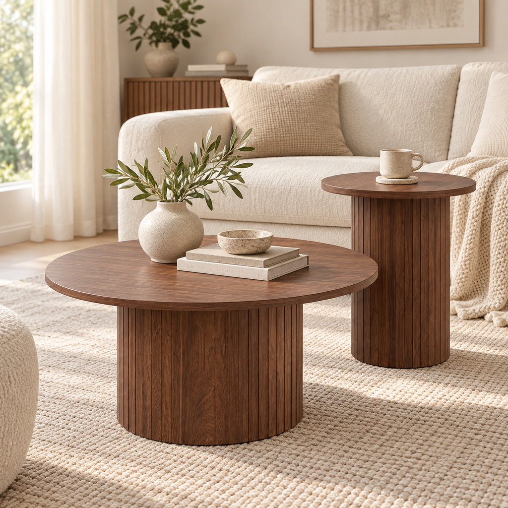 Duo de tables basses Lumo bois foncé devant un canapé clair