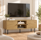 Meuble TV Eydan aux coins arrondis dans un salon chaleureux