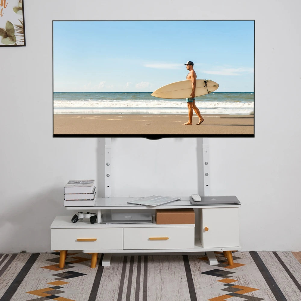 Support TV sur pied blanc installé derrière un meuble bas