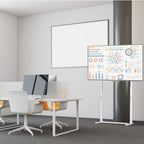 Support TV sur pied blanc avec écran dans un bureau moderne