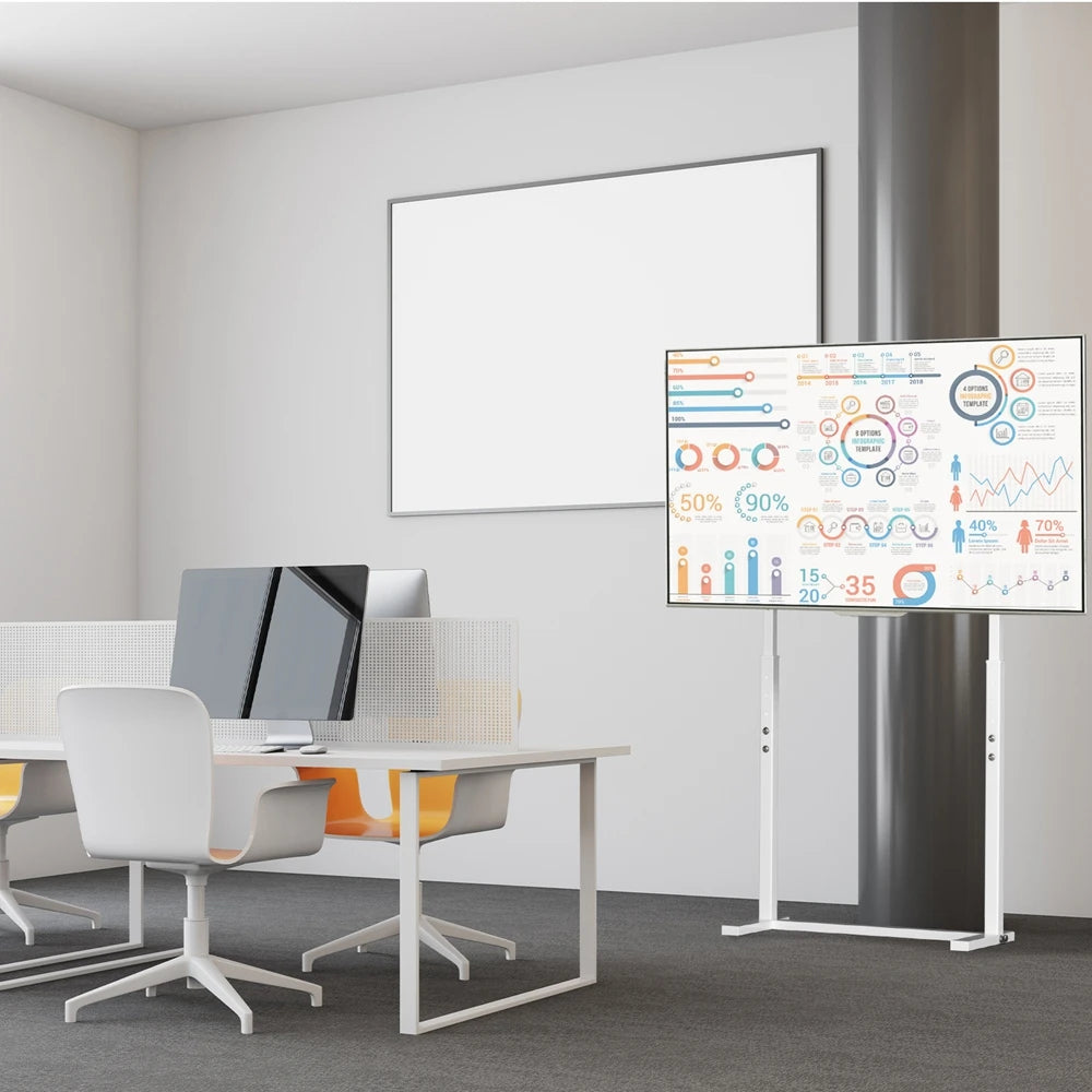 Support TV sur pied blanc avec écran dans un bureau moderne