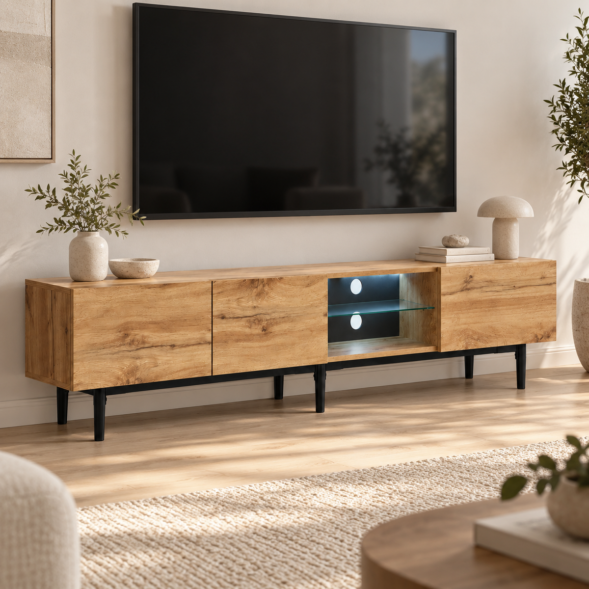 Meuble TV Kael 175 cm bois – LED 7 couleurs & rangement