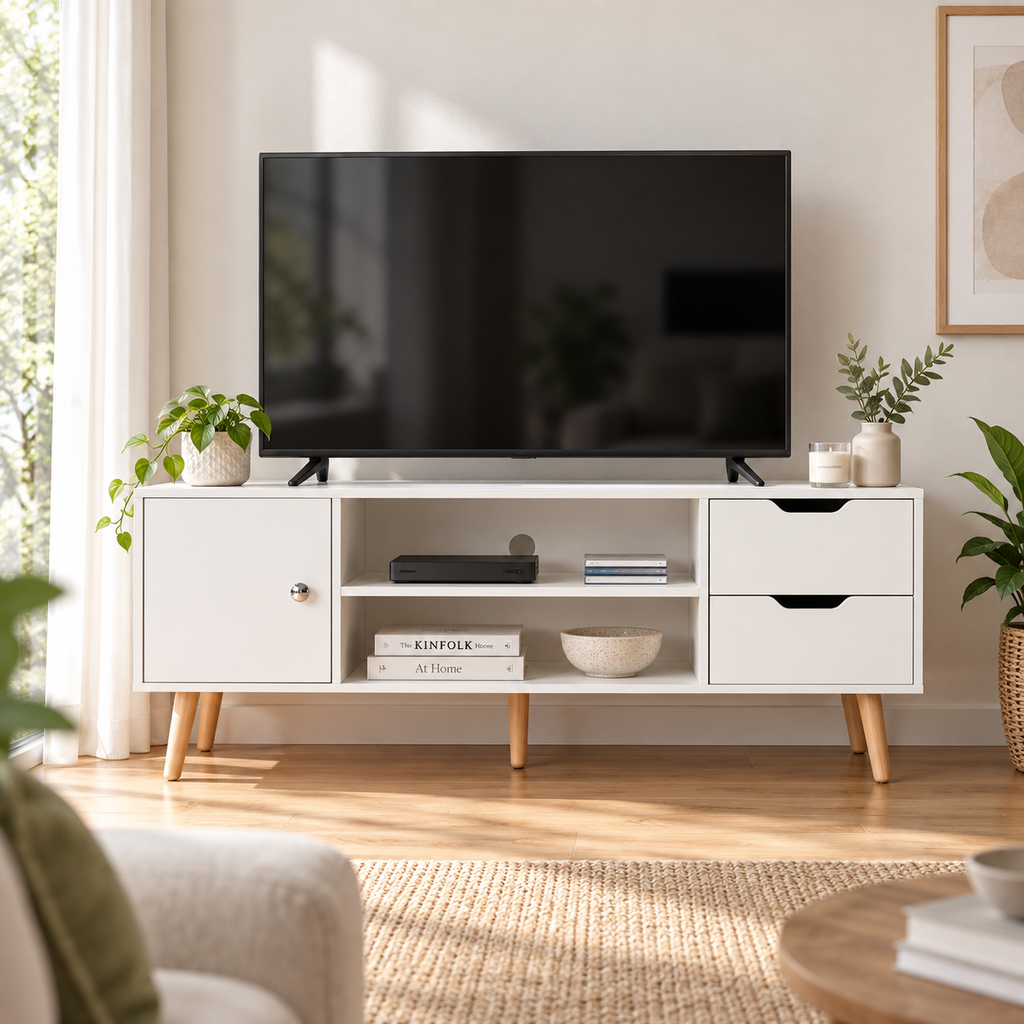 Meuble TV Svelen 120 cm – Blanc & bois, 2 tiroirs