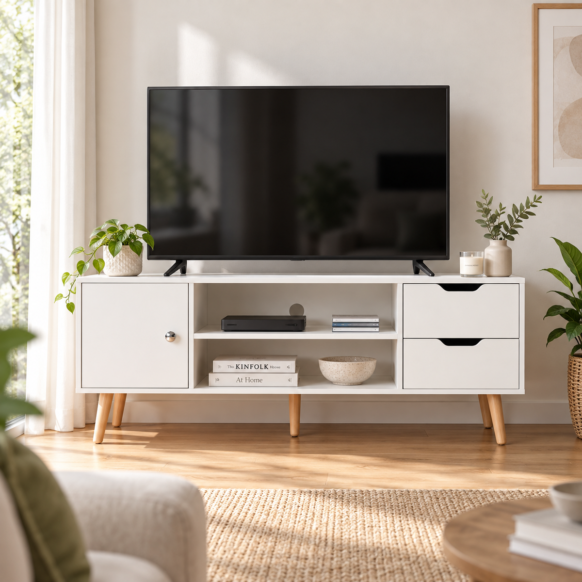 Meuble TV Svelen 120 cm – Blanc & bois, 2 tiroirs