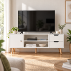 Meuble TV Svelen 120 cm – Blanc & bois, 2 tiroirs