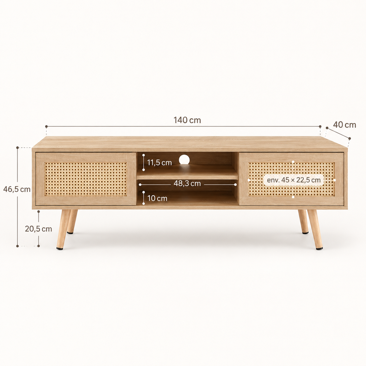 Meuble TV Ralen 140 cm en rotin naturel – Portes coulissantes