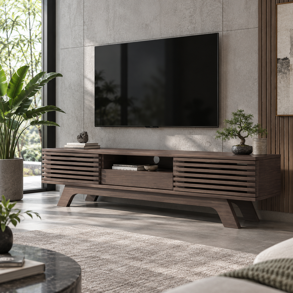 Meuble TV Roven 150 cm – Bois foncé à lames