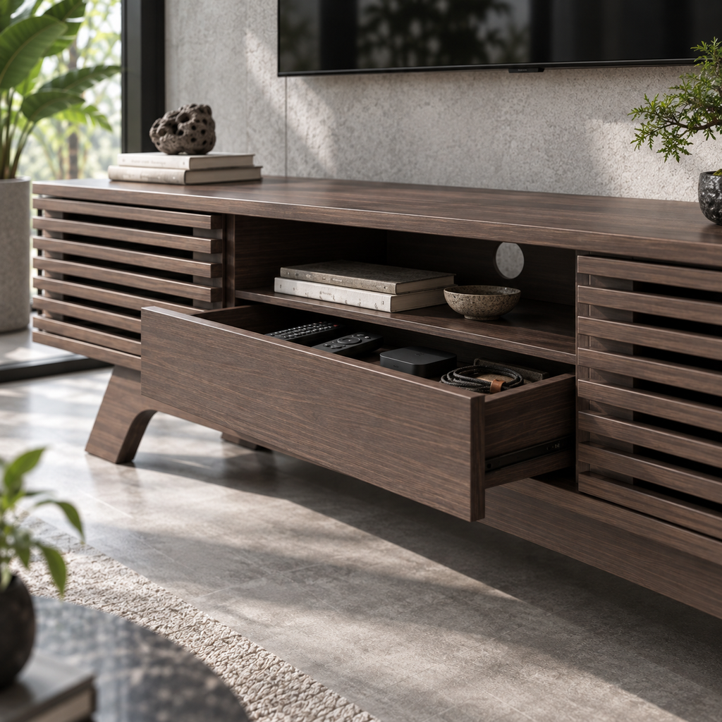 Meuble TV Roven 150 cm – Bois foncé à lames