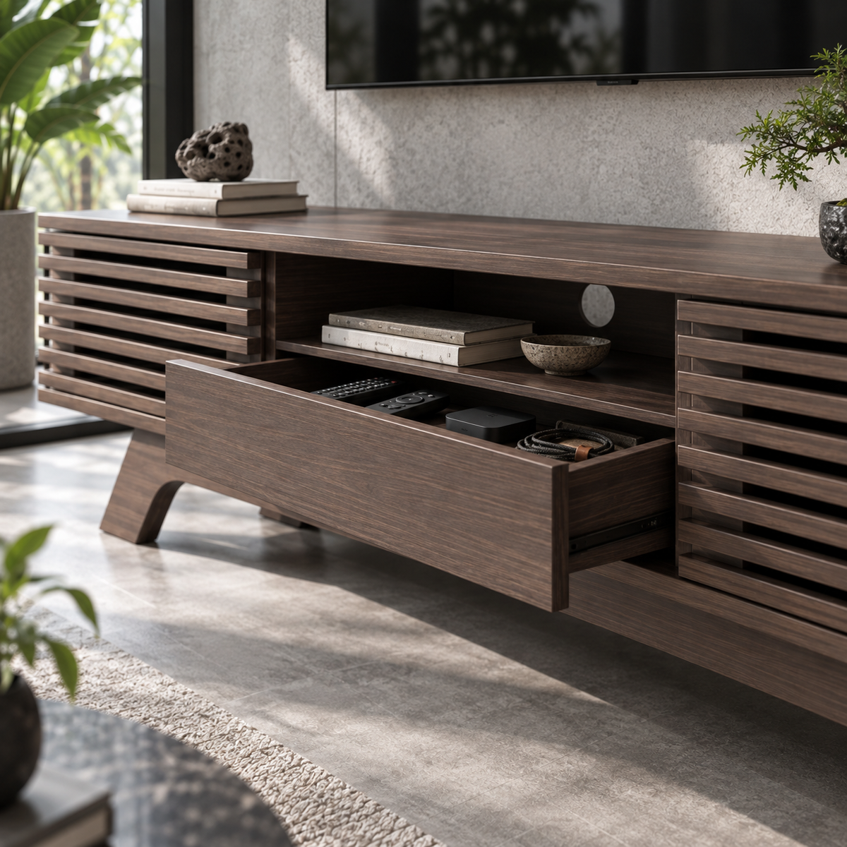 Meuble TV Roven 150 cm – Bois foncé à lames