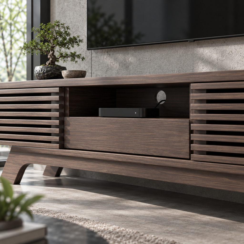 Meuble TV Roven 150 cm – Bois foncé à lames