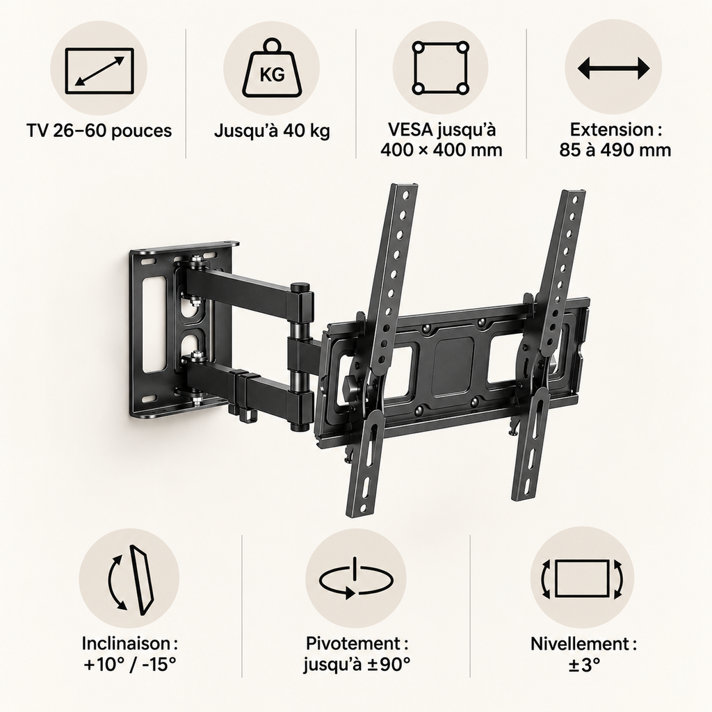 Support TV mural articulé Eirik 26–55" - orientable et inclinable