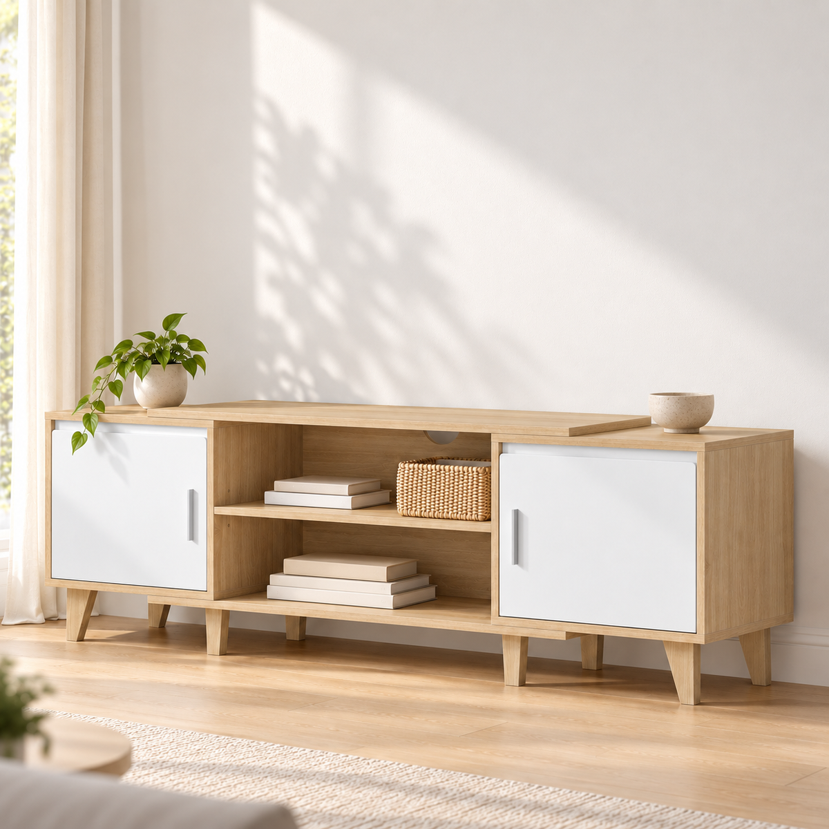Meuble TV Svea 140 cm bois clair et blanc – 2 portes