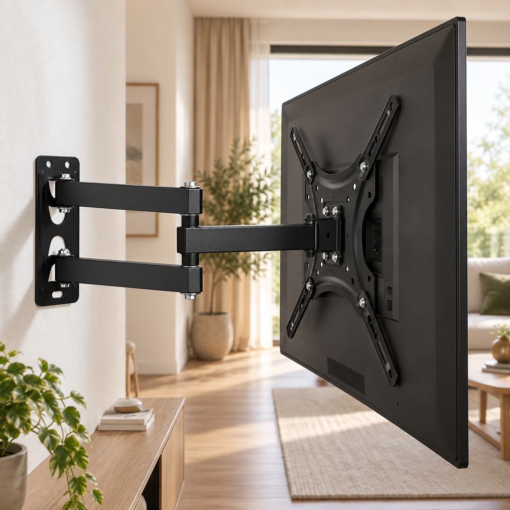 Téléviseur installé avec le support TV mural articulé Aksel dans un salon