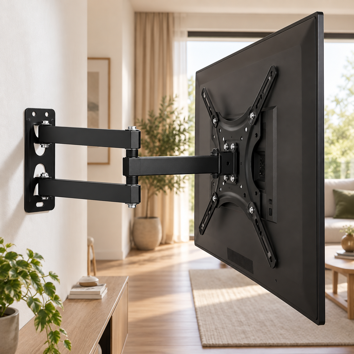 Téléviseur installé avec le support TV mural articulé Aksel dans un salon