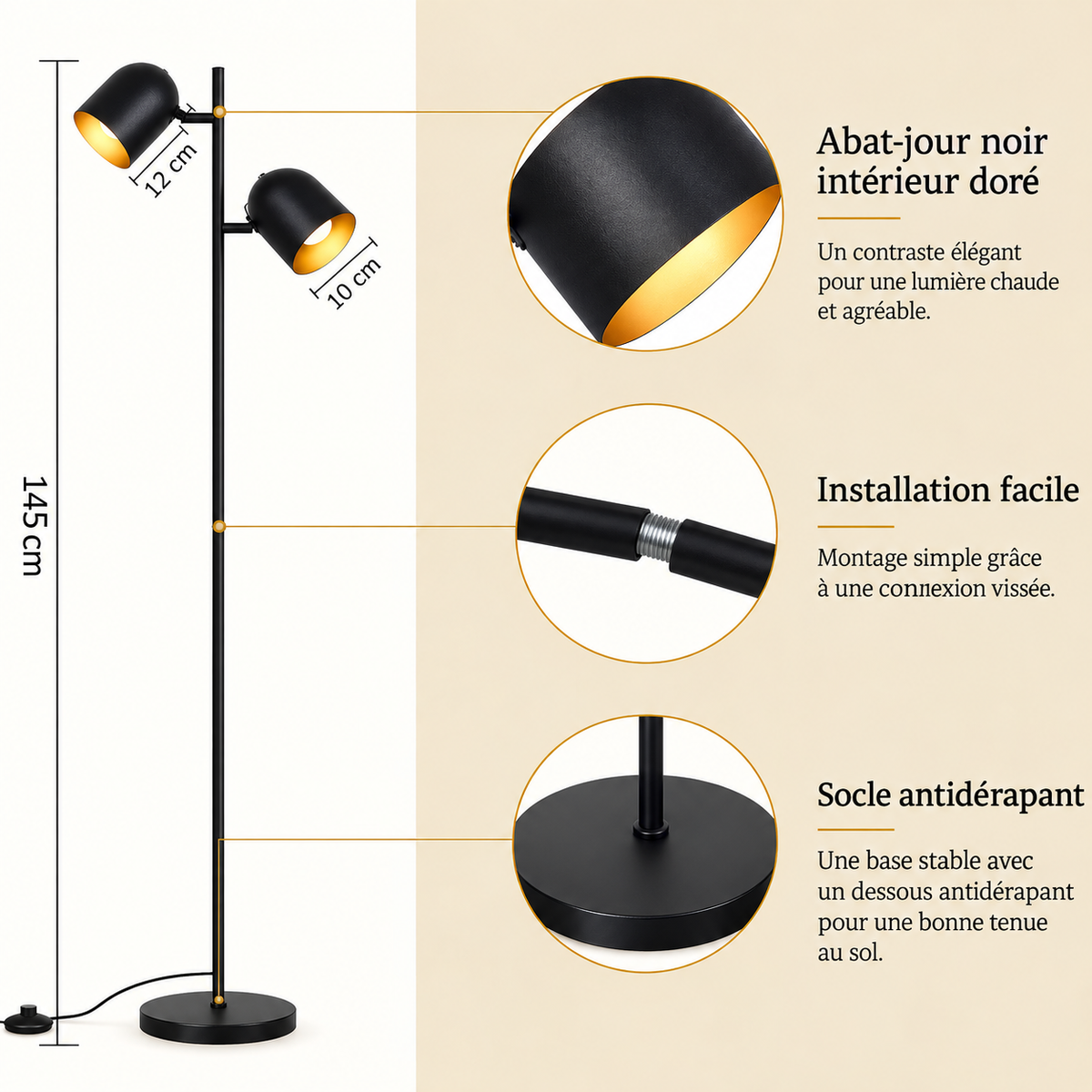 Dimensions du lampadaire double Eldrik hauteur 145 cm