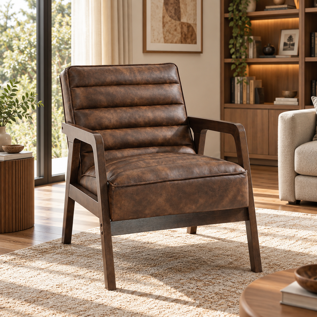 Fauteuil Eldren marron dans un salon moderne chaleureux
