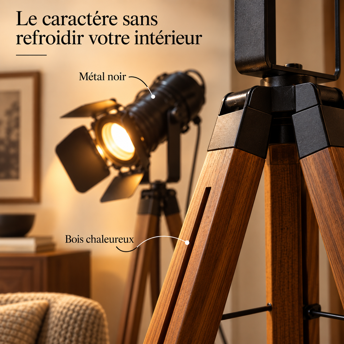 Détails du trépied en bois brun et du projecteur en métal noir Rovik