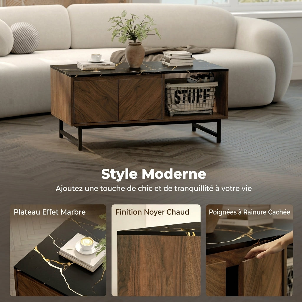 Table basse Svala 100 cm – Effet marbre noir & rangement