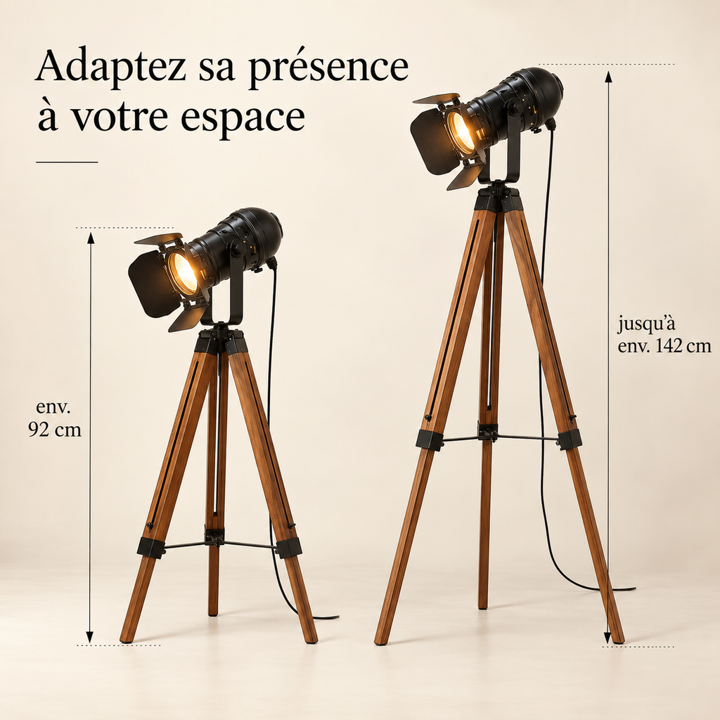 Lampadaire trépied Rovik présenté en configurations basse et haute