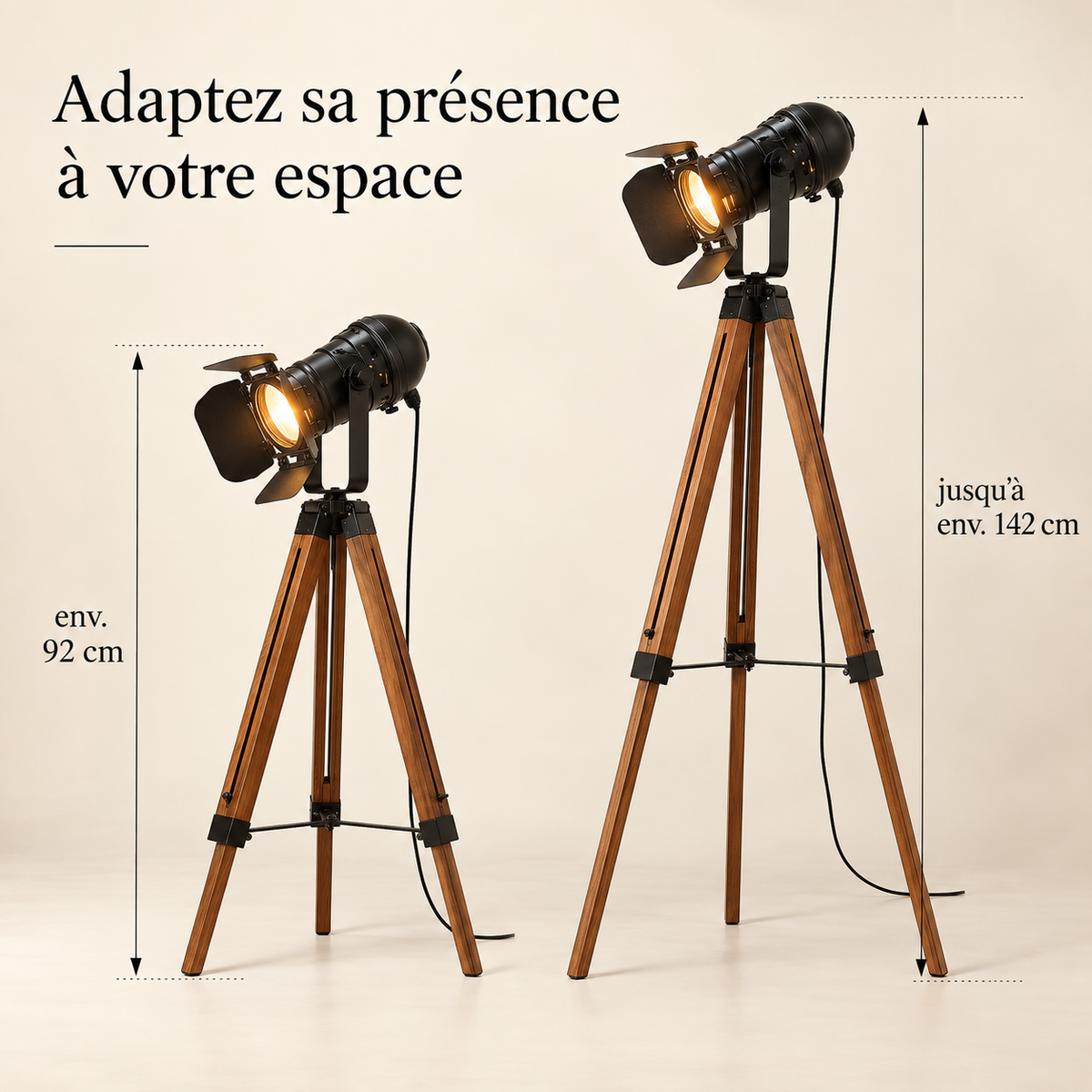 Lampadaire trépied Rovik présenté en configurations basse et haute