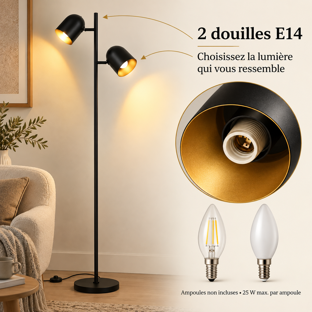 Deux douilles E14 du lampadaire Eldrik noir orientable