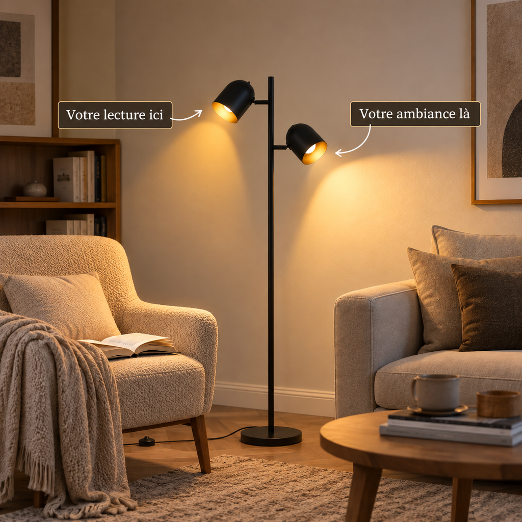 Lampadaire Eldrik éclairant un coin lecture