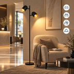 Lampadaire double Eldrik noir avec deux abat-jour orientables dans un hotel