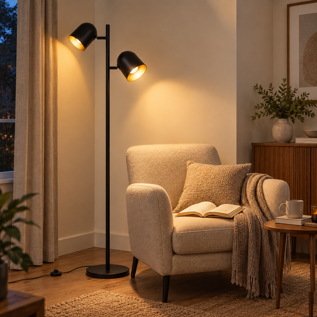 Lampadaire double Eldrik noir dans un salon