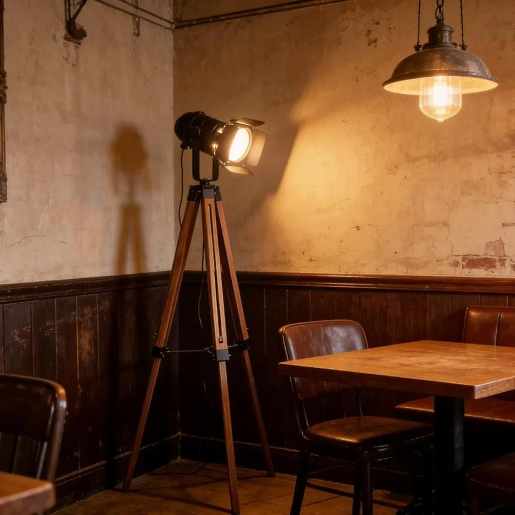 Lampadaire trépied Rovik en bois et métal noir dans un restaurant