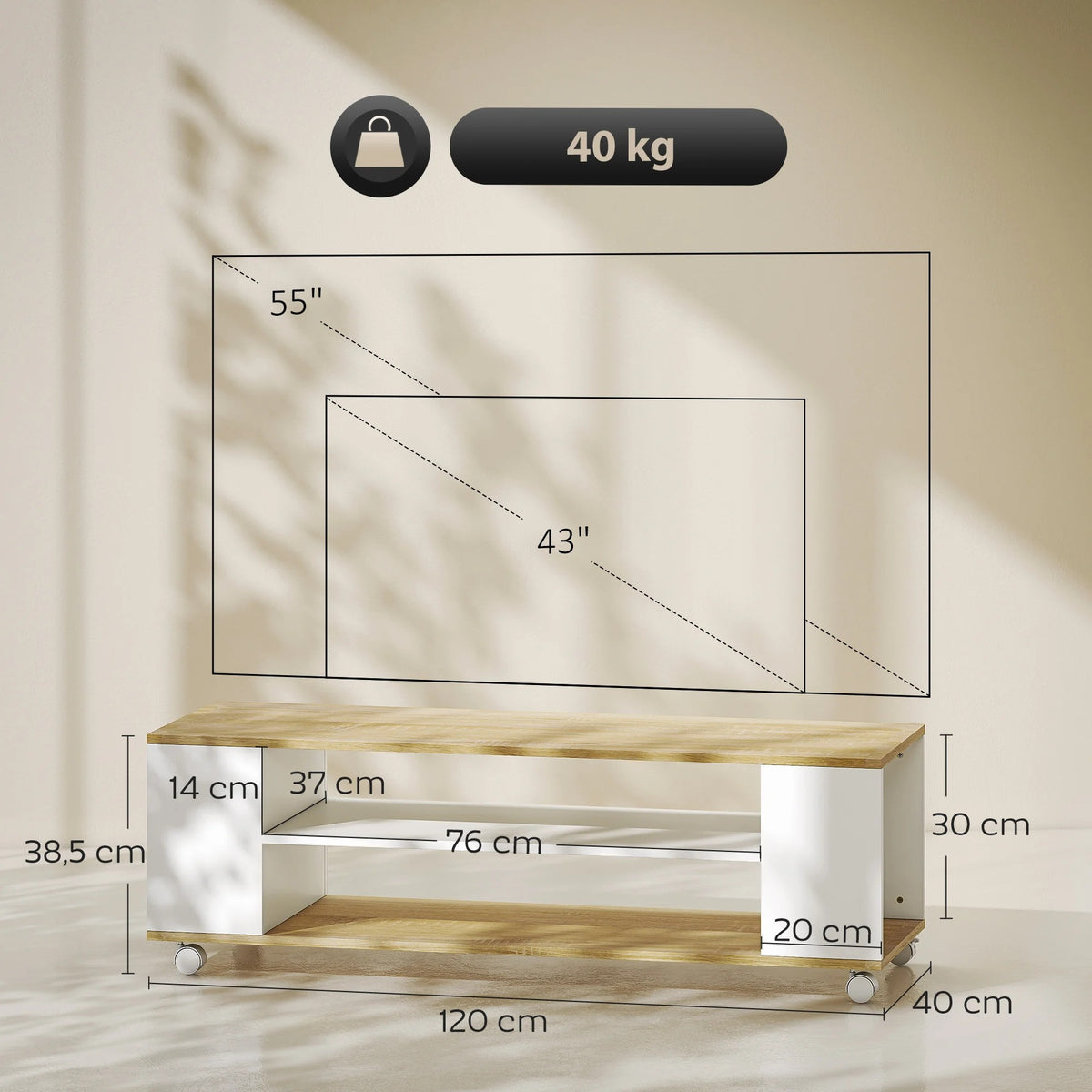 Meuble TV Noren 120 cm – Roulant ou suspendu avec rangement