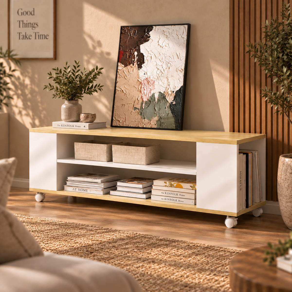 Meuble TV Noren 120 cm blanc et bois vue de face