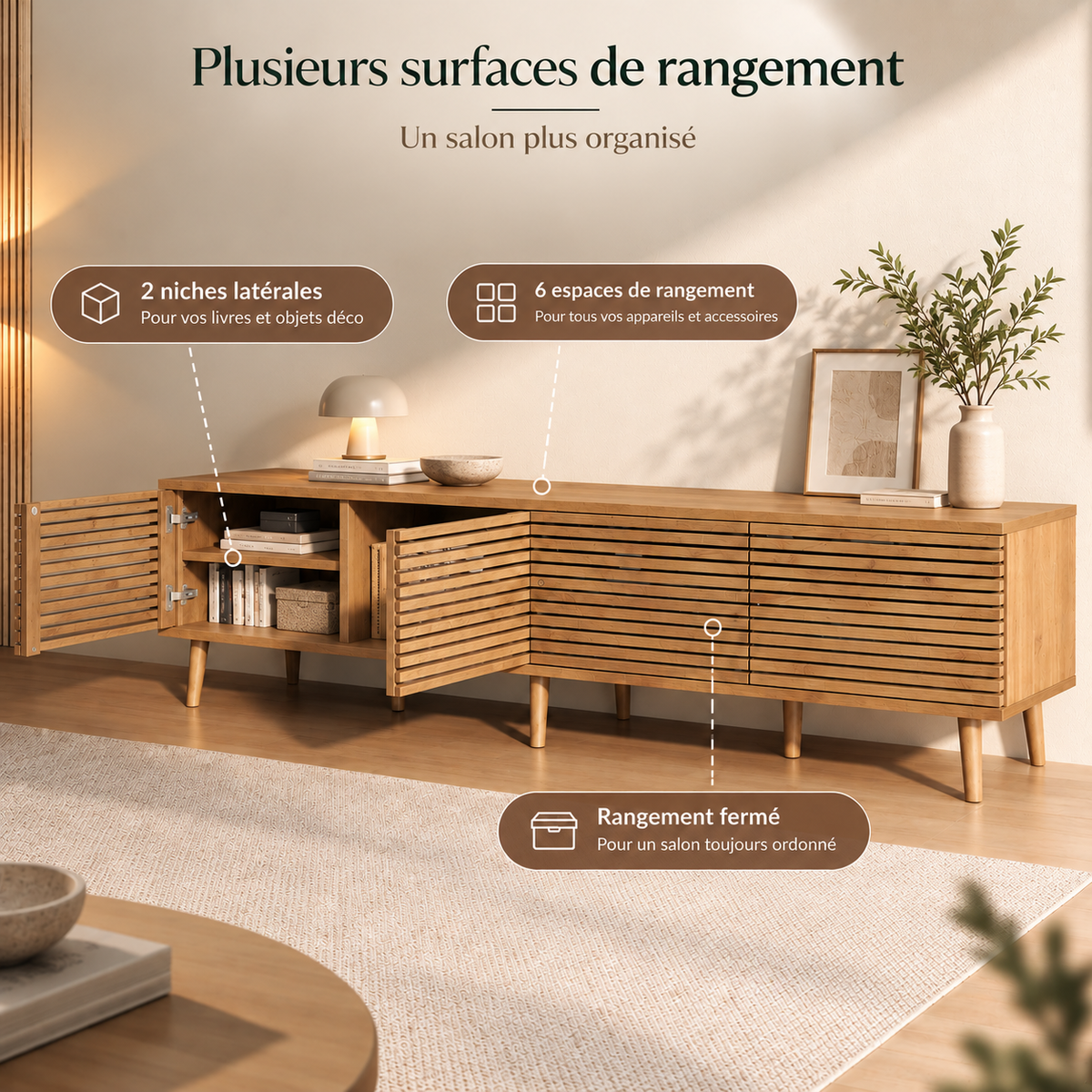 Façades à lames du meuble TV Norell dans un salon chaleureux