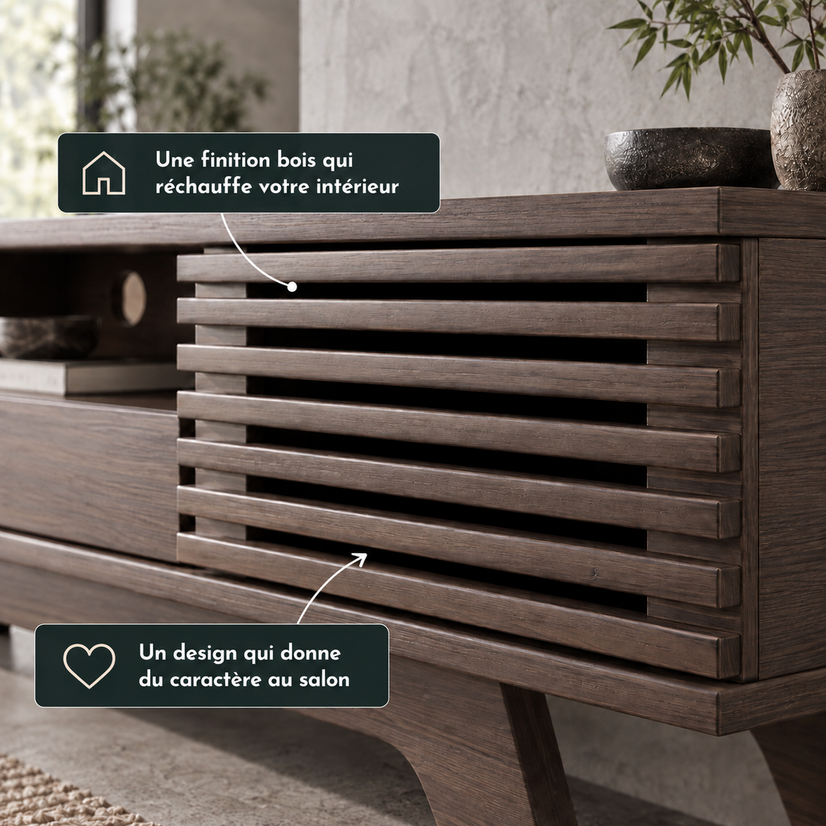 Meuble TV Roven 150 cm – Bois foncé à lames détails porte