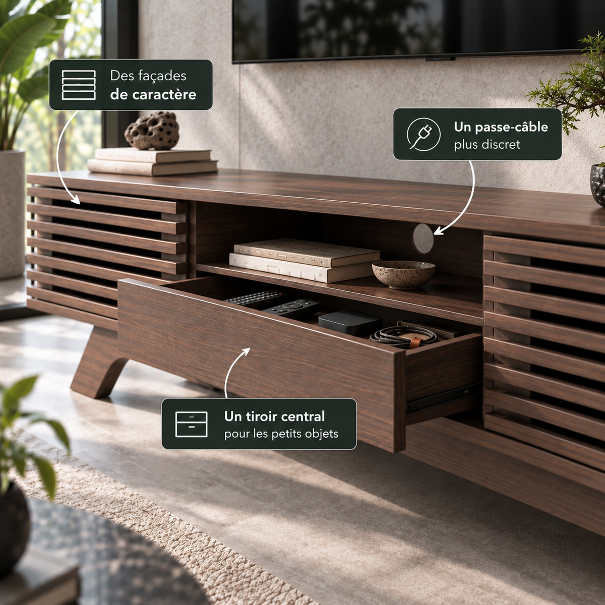 Meuble TV Roven 150 cm – Bois foncé à lames tiroir