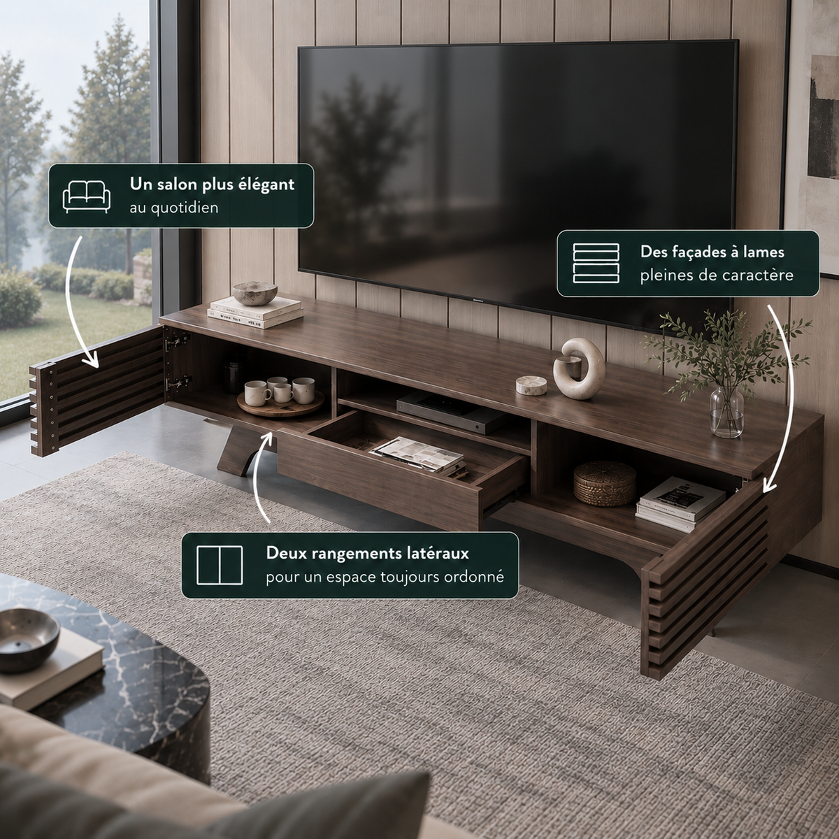 Meuble TV Roven 150 cm – Bois foncé à lames détails meuble