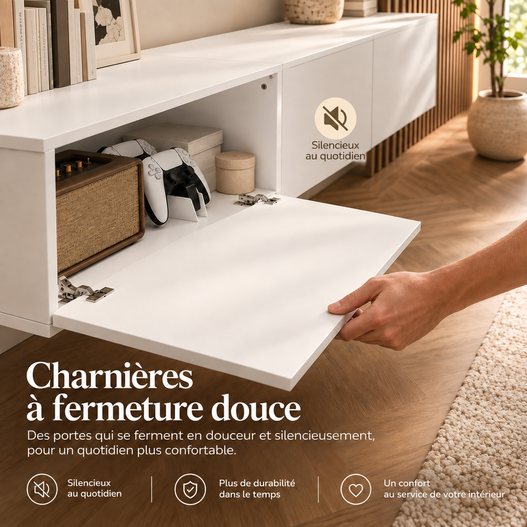 Détail d’une charnière à fermeture douce du meuble TV suspendu