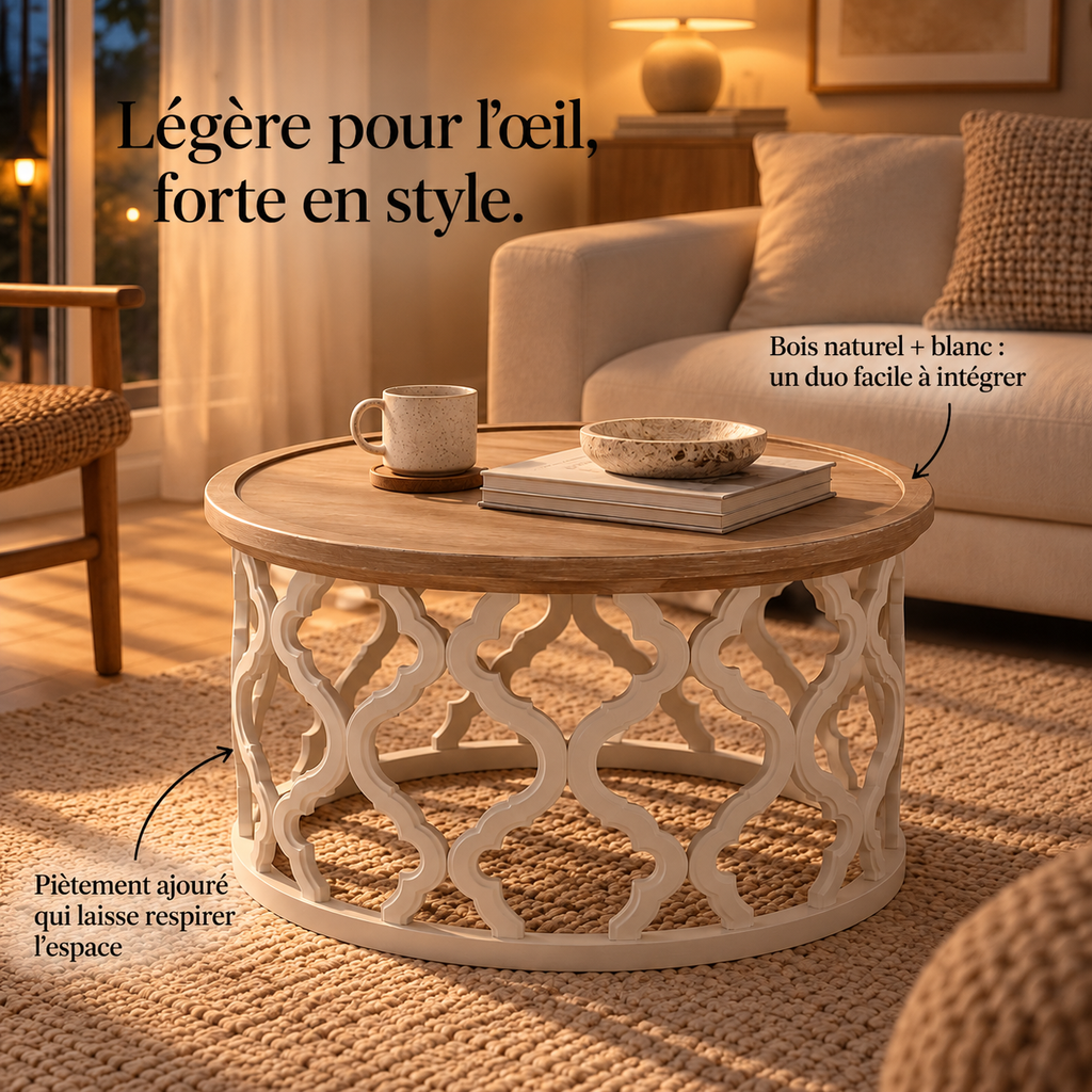 Infographie de la table basse Sivra mettant en avant son plateau pratique pour le quotidien.