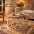 Infographie de la table basse Sivra mettant en avant son plateau pratique pour le quotidien.